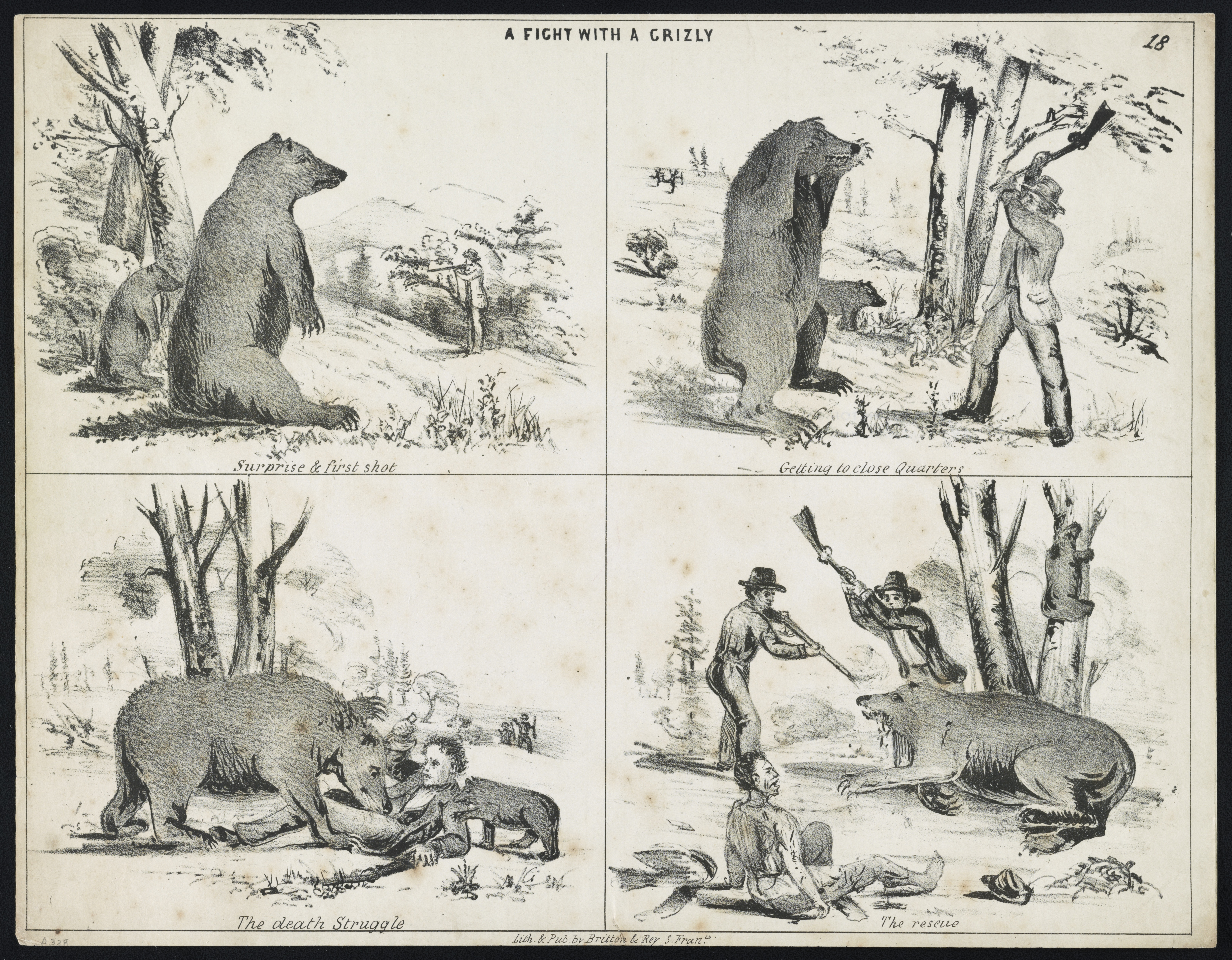 A Fight with a Grizly [i.e. Grizzly],”1850-1860.